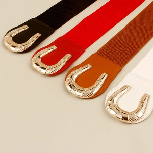 Elastic wide belt for women with golden U-shaped buckle in black, red, brown and white