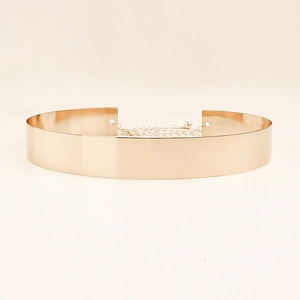 Polished mirror-finish gold metal waist belt for women with adjustable chain closure