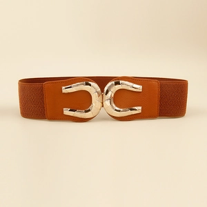 Close-up of brown elastic wide waist belt with decorative gold interlocking metal buckle