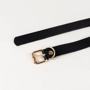 Close-up of a black leather belt with a polished gold square buckle and metal D-ring detail