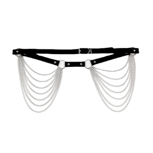 Punk style black leather belt for women with multi-layer silver metal chain decoration