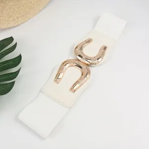 Women Elastic Waist Belt PU Leather Wide Corset Belt With Horseshoe Alloy Buckle Solid Color Stretchy Waistband For Dress