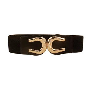 Women elastic waist belt with gold horseshoe buckle for dresses and shirts