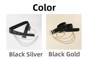 Detail view of punk wide belts in black silver and black gold with triple chains