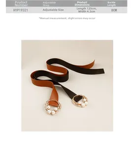 Detail view showing dimensions of a wide leather belt with pearl gold buckle decor