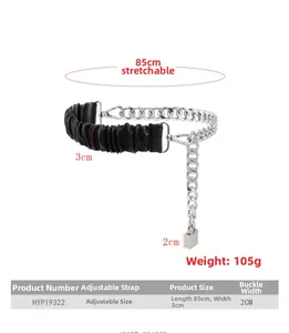 Detail view of black PU leather elastic belt with silver chain and metal lock pendant