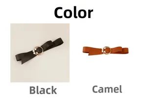 Detail view of black and camel bow belts with pearl accents and golden circular buckles