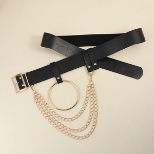 Detail of a 4.8cm wide punk leather belt with gold triple chains and a large metal ring