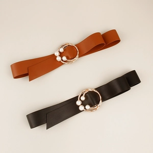 Elegant Women Wide Faux Leather Belt With Gold Artificial Pearl Double Ring Buckle French Vintage Dress Waist Strap Accessories