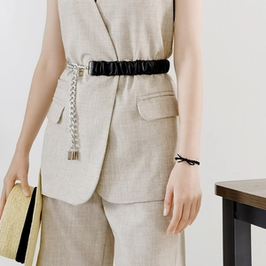 Elastic waist belt with silver metal chain and padlock detail for dresses