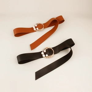 Elegant wide bow belt with pearls and gold metal buckle in black and brown colors