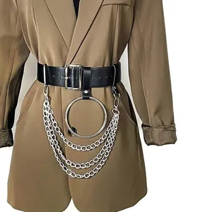 Fashion Punk Wide PU Leather Belt With Chain Large O-Ring Decoration For Men Women Hip Hop Gothic Adjustable Waist Belt