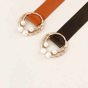 Elegant wide belts in black and brown with gold double ring pearl buckle for dresses
