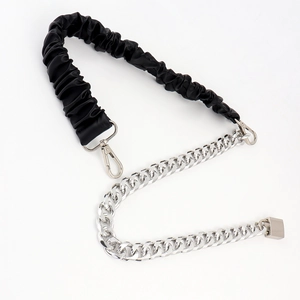 Detail of PU leather strap with silver chunky metal chain and lobster clasps