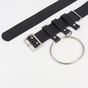 Punk black PU leather wide belt with large silver metal O-ring and gothic rivets decoration