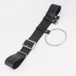 Punk black wide leather belt with oversized silver ring chain and adjustable buckle