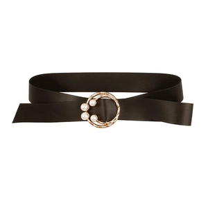 Elegant black leather belt for dresses with gold buckle and faux pearl bow decor