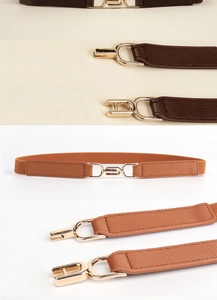 Détails de ceintures élastiques fines avec boucles dorées en marron foncé et camel