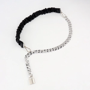 Elastic PU waist belt with silver metal chain, padlock pendant and lobster clasps for women