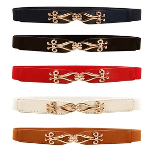 Women's Elastic Waist Belt Alloy Interlocking Gold Hollow Buckle Versatile Thin Cinch Belt For Dresses Coats Accessories