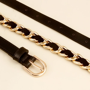Damen Taillengürtel aus goldener Metallkette und schwarzem Leder gewebt
