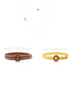 Detail showing woven straw belts with round buckles in multicolor and yellow texture