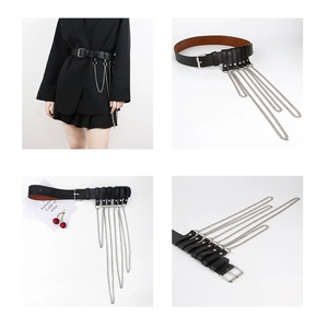 Détail d'une ceinture punk en cuir PU noir avec plusieurs couches de chaînes en métal argenté