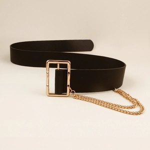 Ceinture punk noire chic avec double chaîne dorée et boucle rectangulaire pour robes