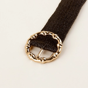 Woven black bohemian belt with golden bamboo round buckle for summer dresses
