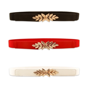 Ceinture Élastique Fine Pour Femmes Avec Boucle En Métal Feuille Dorée Ceinture Ajustée Haute Élasticité Pour Robes Accessoires Mode