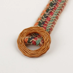 Colorful hand-woven summer waist belt with vintage-style round wood-textured buckle
