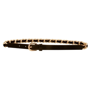 Eleganter Damen-Gürtel mit goldener Metallkette und schwarzem PU-Leder geflochten
