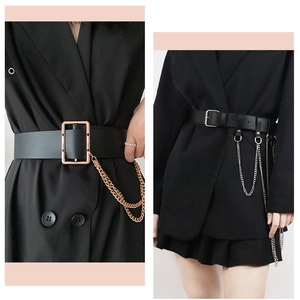 Ceinture Punk en Cuir PU pour Femmes Avec Décoration de Chaîne en Métal Boucle en Alliage à la Mode pour Robe Costume Noir