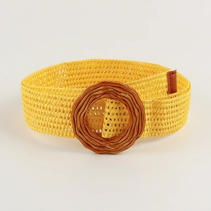 Summer yellow woven belt with a large vintage round buckle for bohemian styling