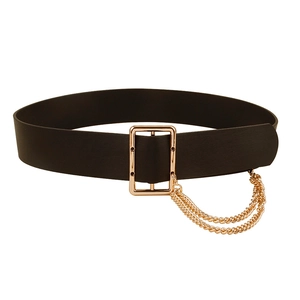 Ceinture chic en cuir noir pour femme avec boucle dorée et doubles chaînes de style