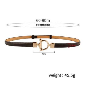 Detailed view of dark brown adjustable waist belt with golden T-ring buckle and dimensions