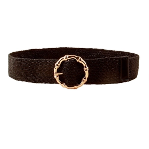 Bohemian black woven elastic waist belt with vintage gold bamboo pattern round buckle