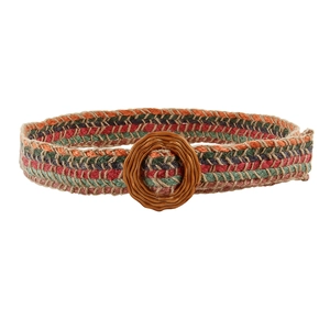 Close-up of bohemian multi-color braided belt with round textured buckle on white background