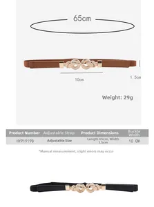 Size chart for women's thin elastic waist belts with golden knot buckle and measurements
