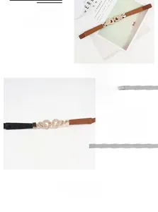 Detail of slim elastic waist belts with rhinestone-encrusted interlocking alloy buckles