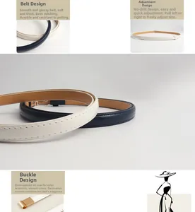 Detail of adjustable slim leather belts with gold plated buckles in white and navy