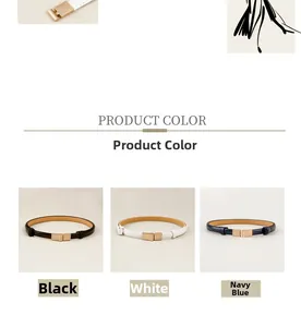 Detail of slim women's belts with golden square buckles in black, white and navy blue