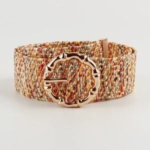 Ceinture tressée bohème en paille PP pour femme avec boucle ronde dorée style bambou
