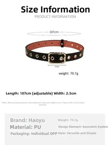 Detailed size chart for the black PU leather grommet belt with golden buckle dimensions