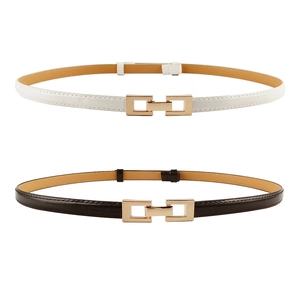 Minimalist slim waist belts for women in white and coffee colors with golden buckles