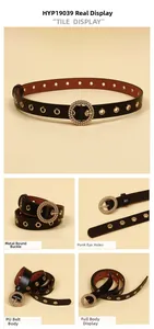 Detail view of black PU leather punk belt featuring round metal buckle and eyelet textures