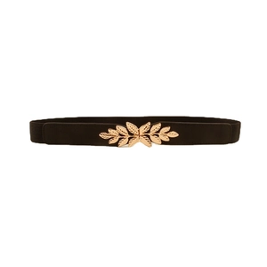 Ceinture élastique noire pour femme avec boucle en métal doré en forme de feuilles