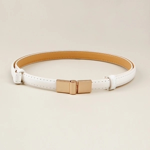 Close-up of white leather belt showing fine stitching and minimalist gold rectangular buckle