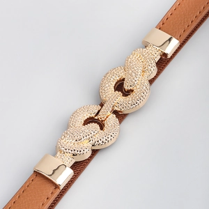 Detail of a brown leather elastic waist belt with a textured gold interlocking metal buckle