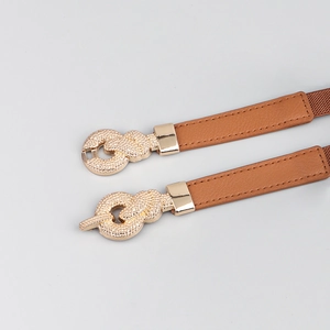 Detail of thin brown elastic waist belt with textured gold buckle for dresses
